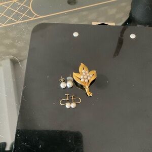 Elegant Gold and Pearl Leaf Brooch and Earring Set